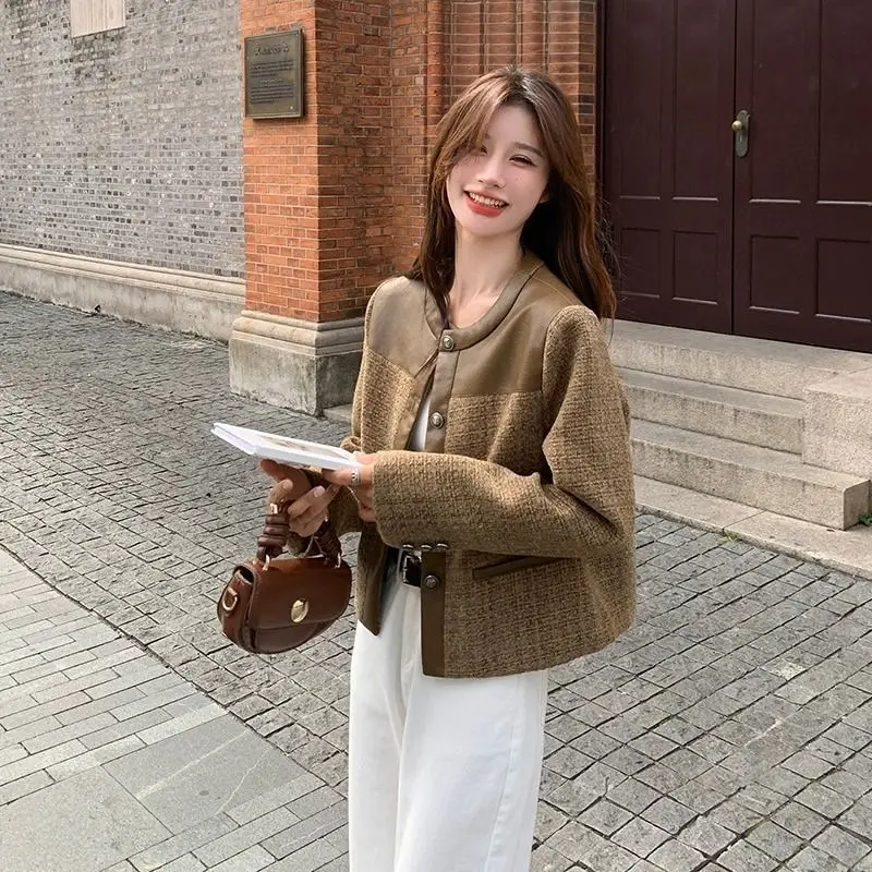 

Trend Tweed Jacket Women Cropped Top Patchwork Vintage Spring Autumn Coat Long Sleeves High-quality Outerwear Design Streetwear