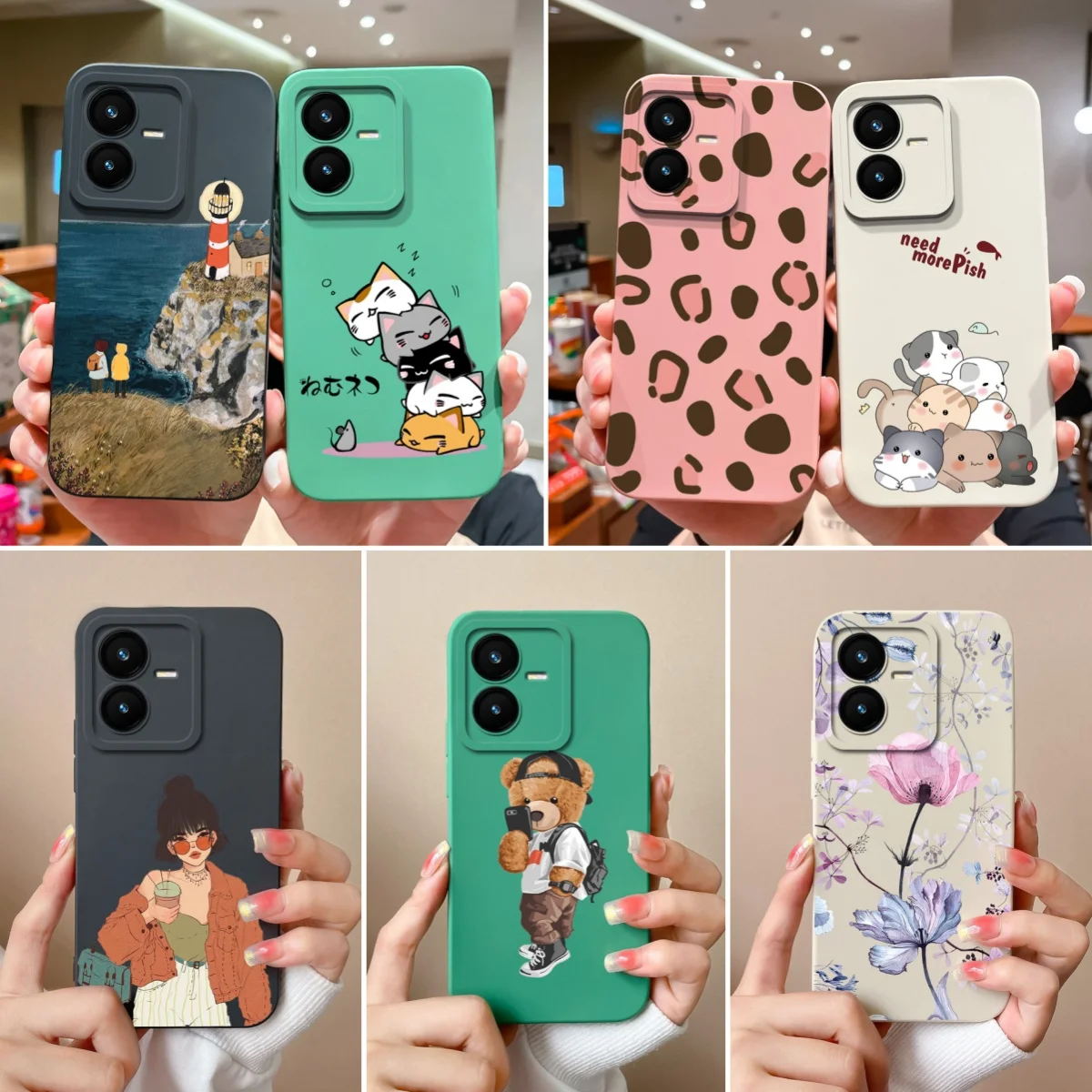 For Vivo Y22 Y22S Phone Case Cat Bear Full Coverage Liquid Silicone Anti Choc Mask For Vivo Y 22 Y 22S VivoY22 Funda Back Cover