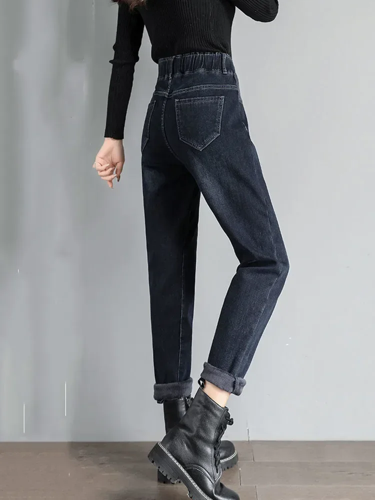 Jeans Harem Oversize 95kg aggiungi pantaloni in Denim a vita alta invernali in velluto nero spesso Vaqueros pantaloni donna coreani larghi caldi Z264