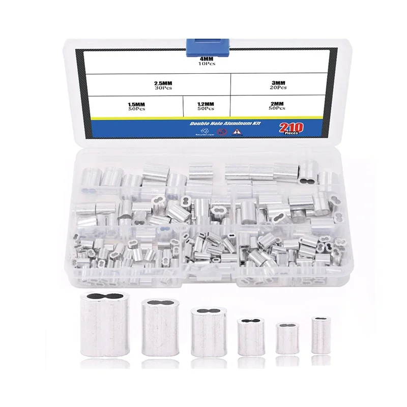 210Pcs 6 Size Aluminum Double Barrel Ferrule Crimping Loop Sleeve for Wire Rope and Cable Line End Assortment Kit