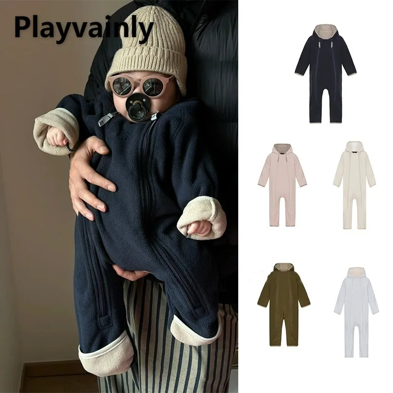

Baby Boys Girls Double Zipper Hooded Romper Autumn Winter Fleece Warm Long Sleeve One-Pieces Hoody Infant Outdoor Wear A5292