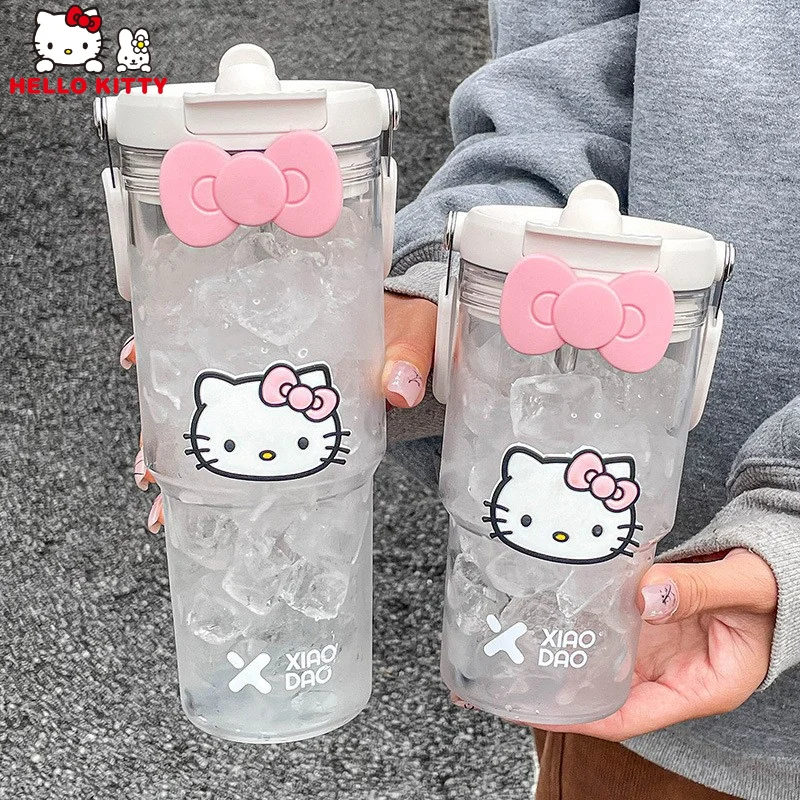 900ML Sanrio Hello Kitty Large Capacity Plastic Water Cup, Cartoon Portable Beverage Bottle, Outdoor Fitness Sports Straw Cup