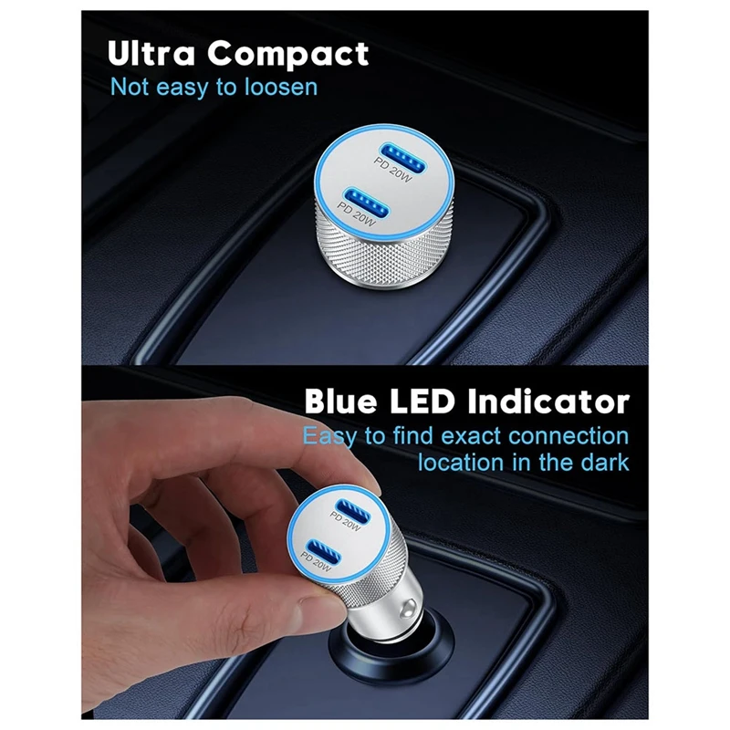 Caricabatteria da auto confezione da 2 adattatore per accendisigari USB C veloce a doppia porta da 40W con cavo USB C a C da 3 piedi argento 1 Set