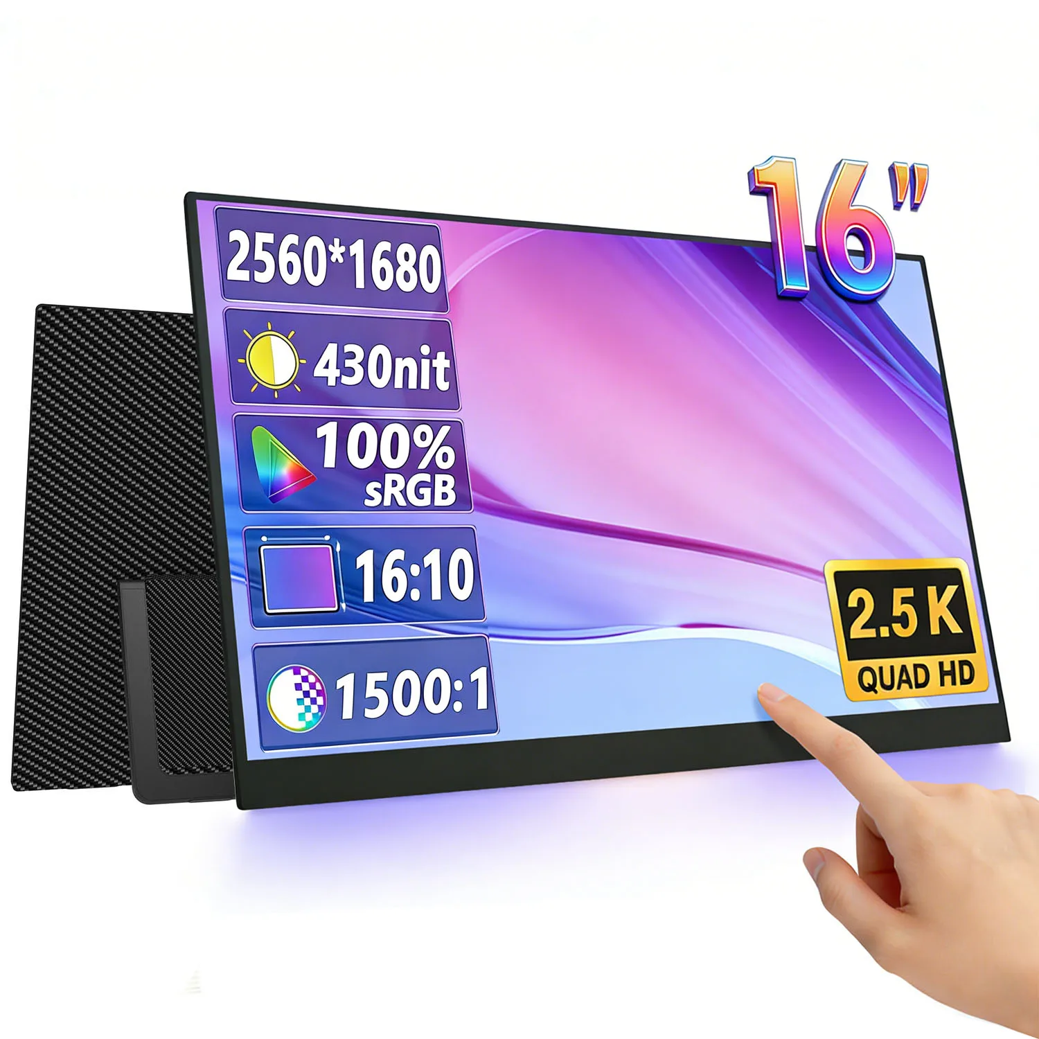 16' 2.5K QHD Portable Monitor 10-Point Touchscreen IPS Display with 100% SRGB USB-C HDMI Travel Second Screen for Laptop PC Mac