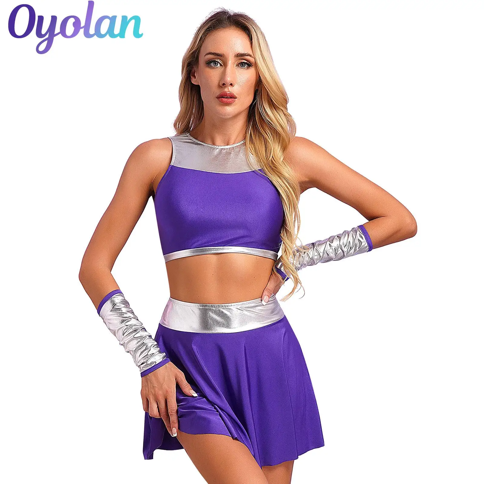 

Womens Alien Hero Princess Cosplay Dance Outfits Halloween Cheerleading Uniform Costume Crop Top Gloves And Mini Swing Skirt