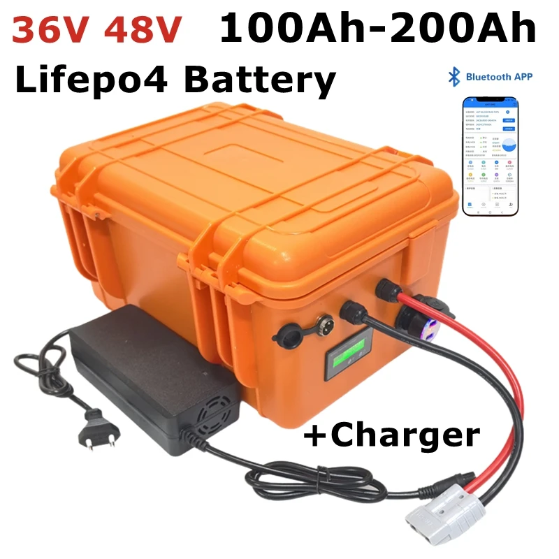 Batterie Lithium LiFePO4 Étanche, 36V, 100Ah 200Ah, 48V, 150Ah, avec Bluetooth, pour Tricycle, Voiturette de Golf boat motor