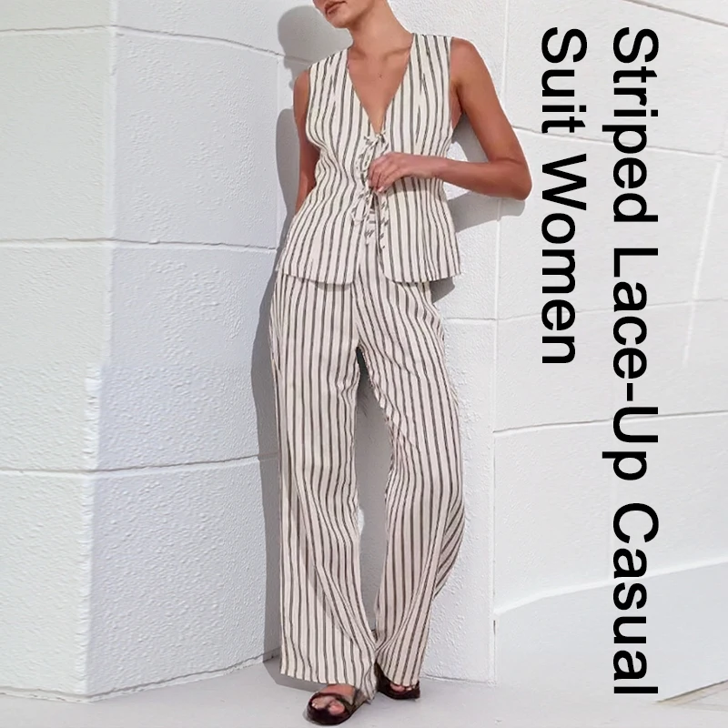 

Summer Women's Linen Suit New Sleeveless Striped V-Neck Tie Vest Top + Pants 2 Piece Set Commuter Office lady Wear Sets，520635