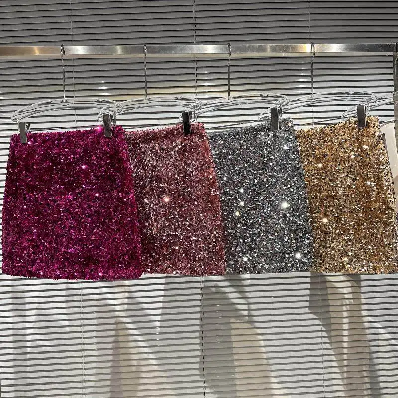 Spring Autumn Fashion Sequin Zipper Hip Hugging Skirt Female High Waist Solid Color with Lining Slim Mini Skirt for Women
