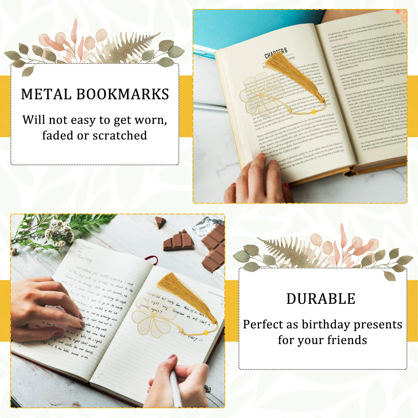 

3pcs Metal Bookmarks for Book Lovers Leaf Flower Design Tassel Brass Easy Storage Perfect Gifts Students Adults