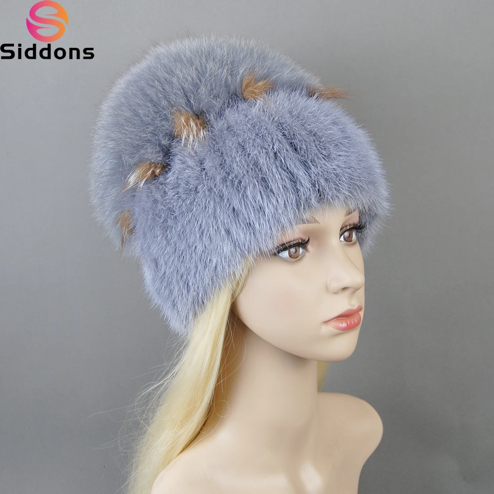 

Fashion Real Mink Fur Hat For Winter Women Imported Knitted Mink Cap With Fox Fur New Hot Sale High Quality Women Beanies Hat