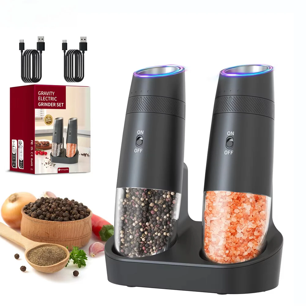Gravity Sensor Electric Pepper Grinder USB Rechargeable Automatic Salt and Mill with LED Light Adjustable Coarseness for Kitchen
