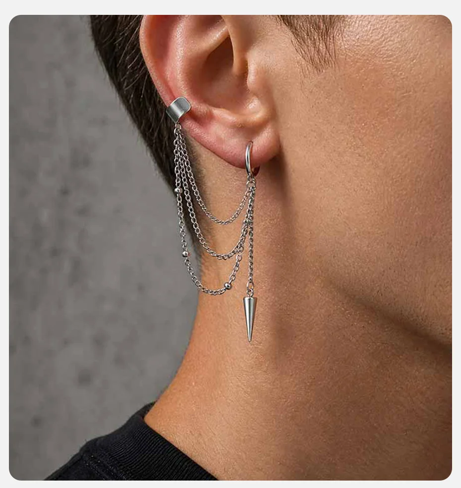 Vnox Edelstahl Mehrschichtige Ketten-Ohrklemme Creolen für Herren Punk Kegel-Spike Hängeohrringe Knorpel-Clip Schmuck Geschenk – Detail 2