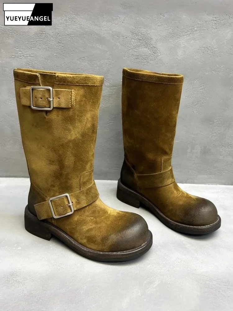 British Style Shoes Vintage Women Genuine Leather Knight Boots Slip On Personality Buckle Round Toe High Street Motorcycle Boots