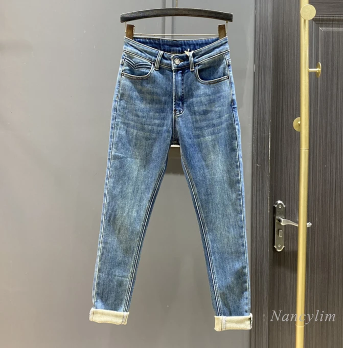 

Retro Blue Jeans Woman Skinny Velvet Warm Inside Pants 2024 Autumn and Winter New High-waisted Hip-lifting Elastic Pencil Pants