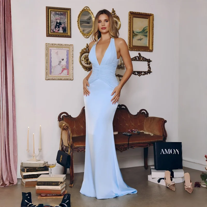 Halter Neck Deep V-Neck Ruched Mermaid Evening Gown Sleeveless Maxi Dress  Party Cocktail Formal vestidos de fiesta elegantes