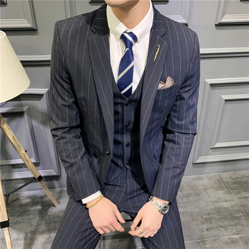 2023 Men\'s Fashion Boutique Striped Wedding Dress Suit Three Piece Set Male Formal Business Casual Blazers Jacket Vest Pants