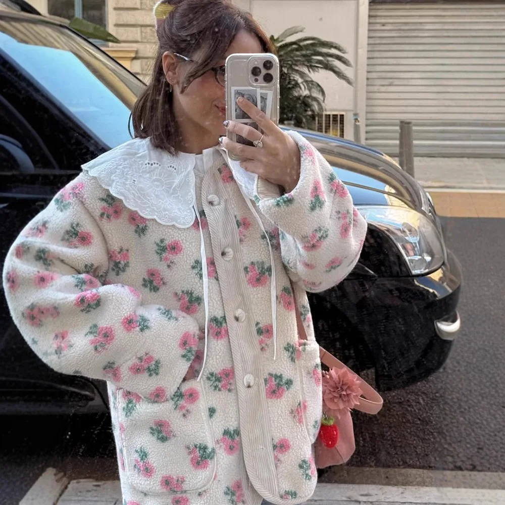Floral Fleece Lined Padded Coat Button Front Round Neck Long Sleeve Pockets Loose Fit Warm Cozy Winter Casual Outerwear Jackets