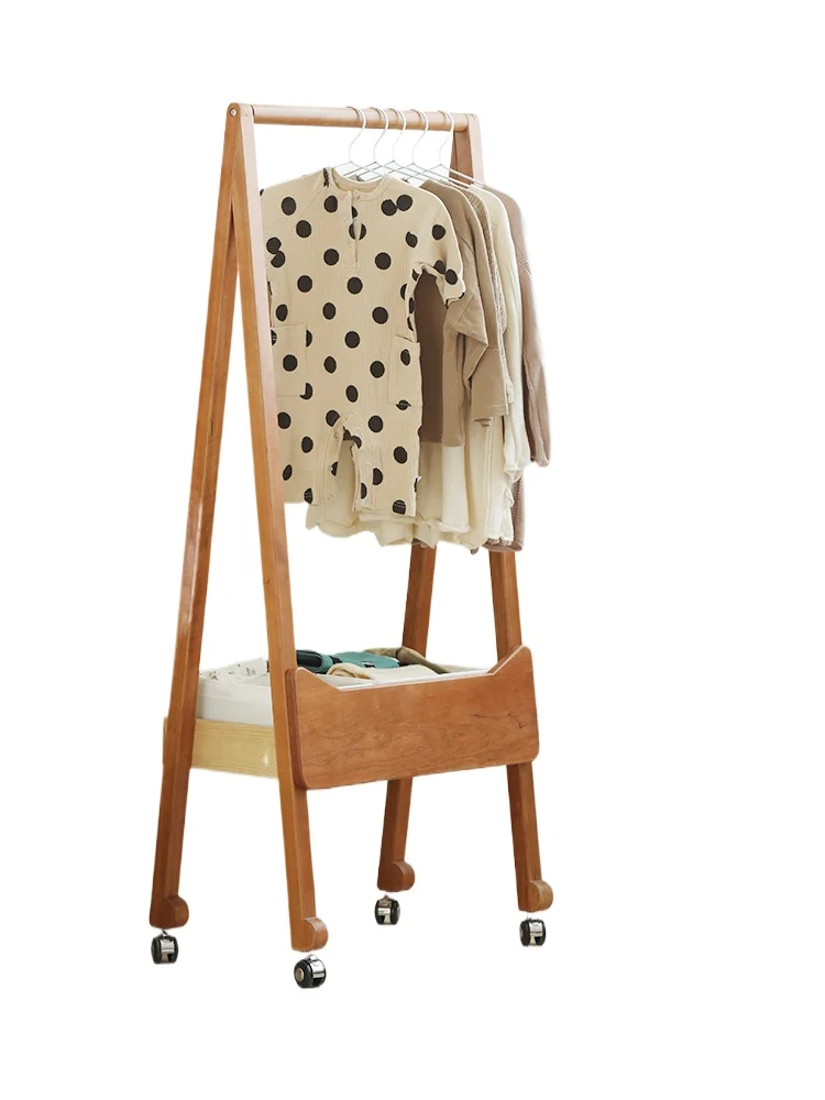 

Coat rack storage integrated children's solid wood creative movable hanger with wheels