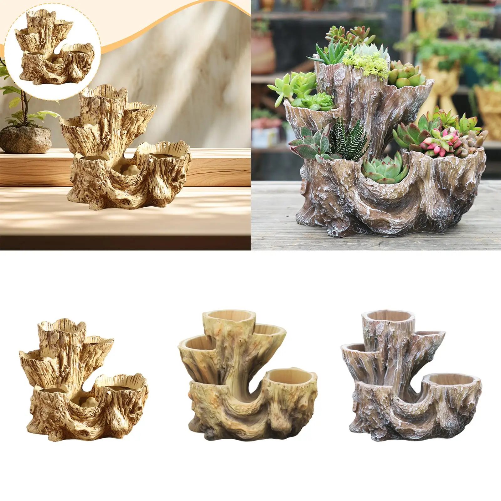 

Tree Stump Flower Pot Figurine Planters Outdoor Gift Plant Pot Resin Ornament for Desktop Home Garden Kitchen Table Centerpiece