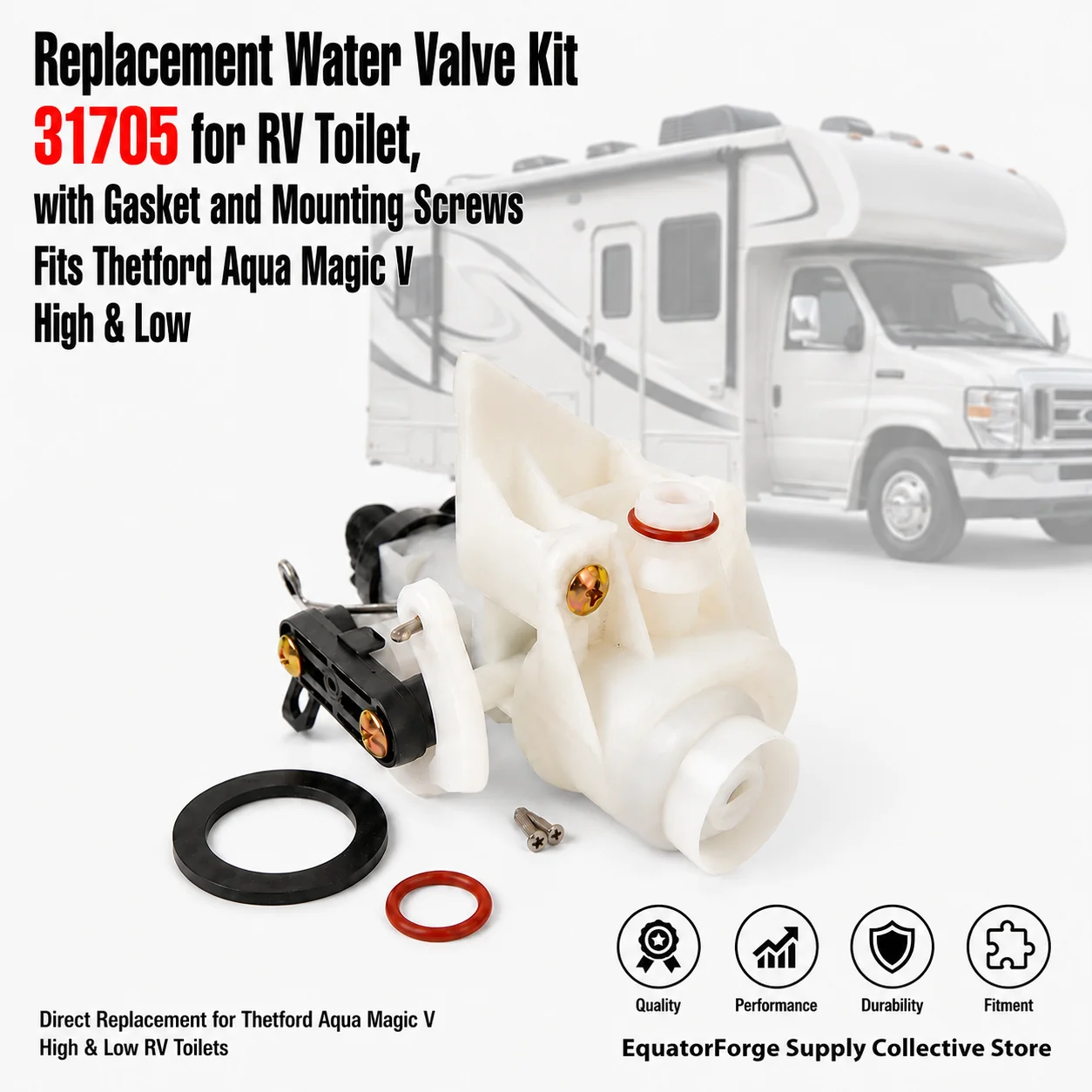 Replacement Water Valve Kit 31705 for RV Toilet, with Gasket and Mounting Screws Fits Thetford Aqua Magic V High & Low