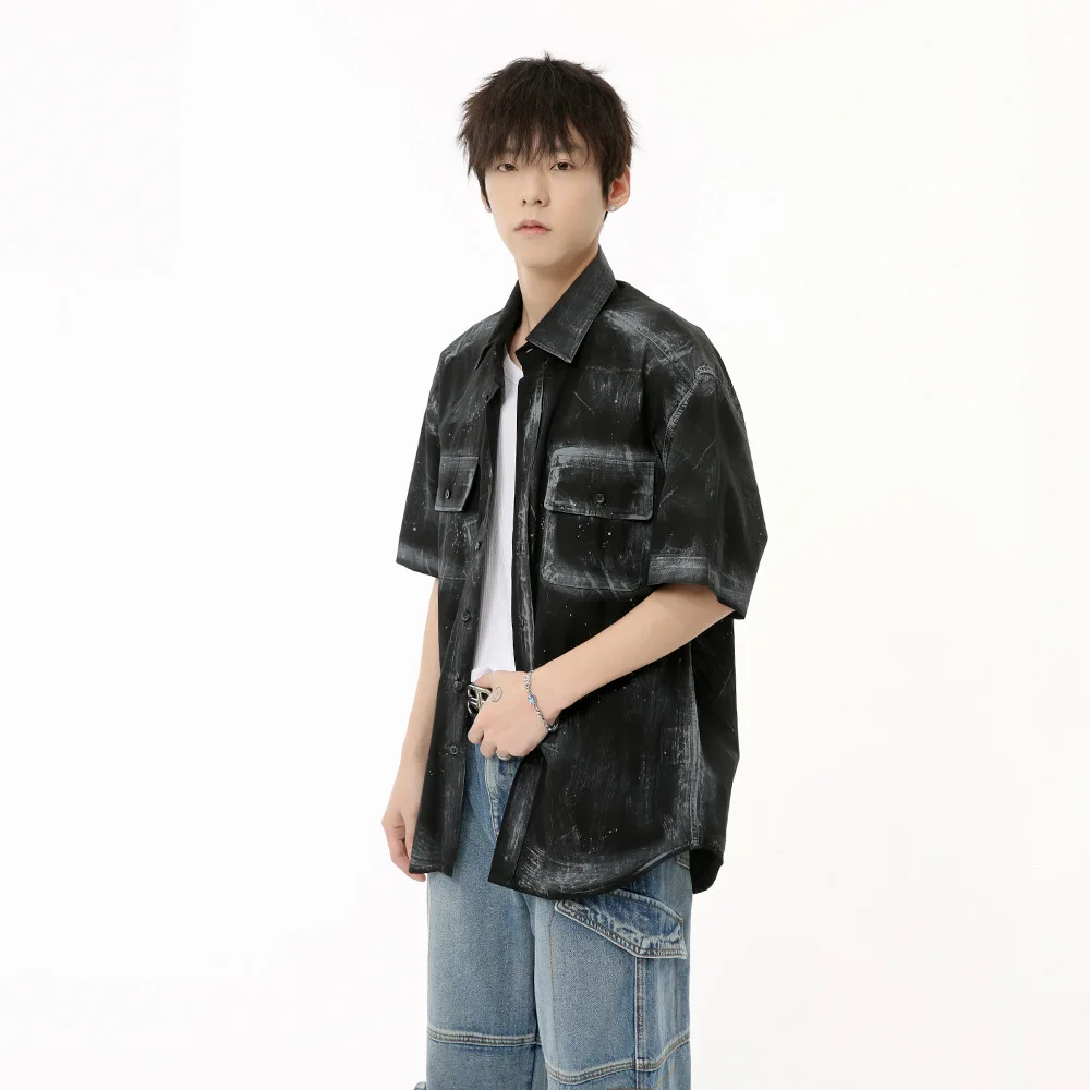 Men's Wear 2024 Spring Street Korean Style Graffiti Print Shirts Big Pocket Cotton Short Sleeve Shirt