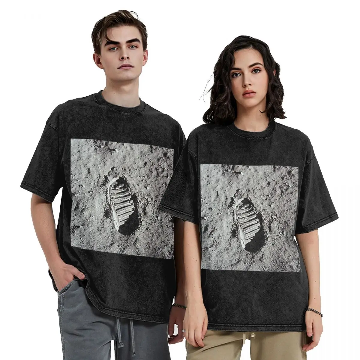 Footprint On The Moon By Buzz Aldrin Apollo Hip Hop Short Sleeve T-Shirts Washed Tops Tees Streetwear T Shirt Casual Men Women