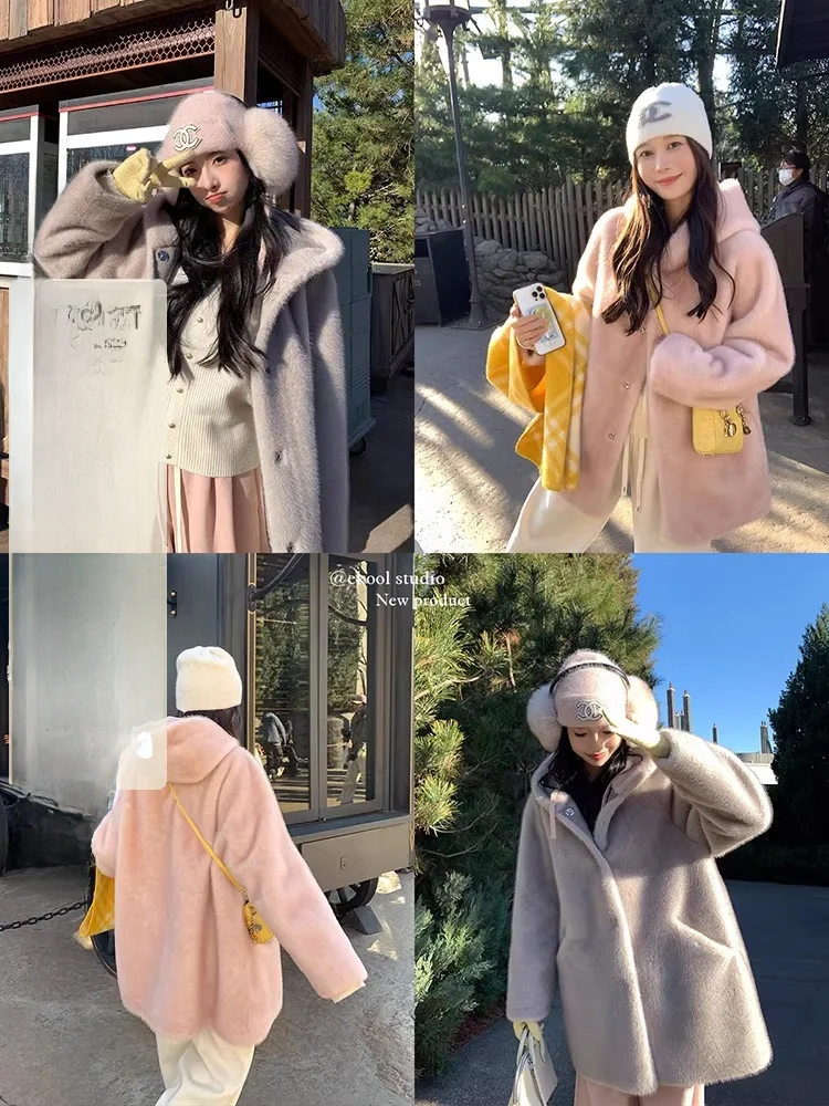 

EKOOL Women's Winter Long Coat Hooded Fake Mink Fur Loose Warmth Environmental Protection Leather Polyester Fiber Thiened B...