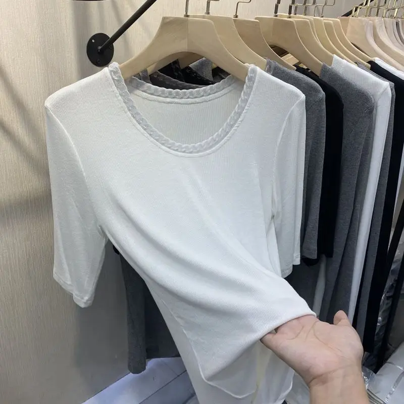 Round Necked Iron Chain Short Sleeved T-shirt Bottom Top Women\'s Clothing 2024 Summer New Versatile Outerwear Ins Top