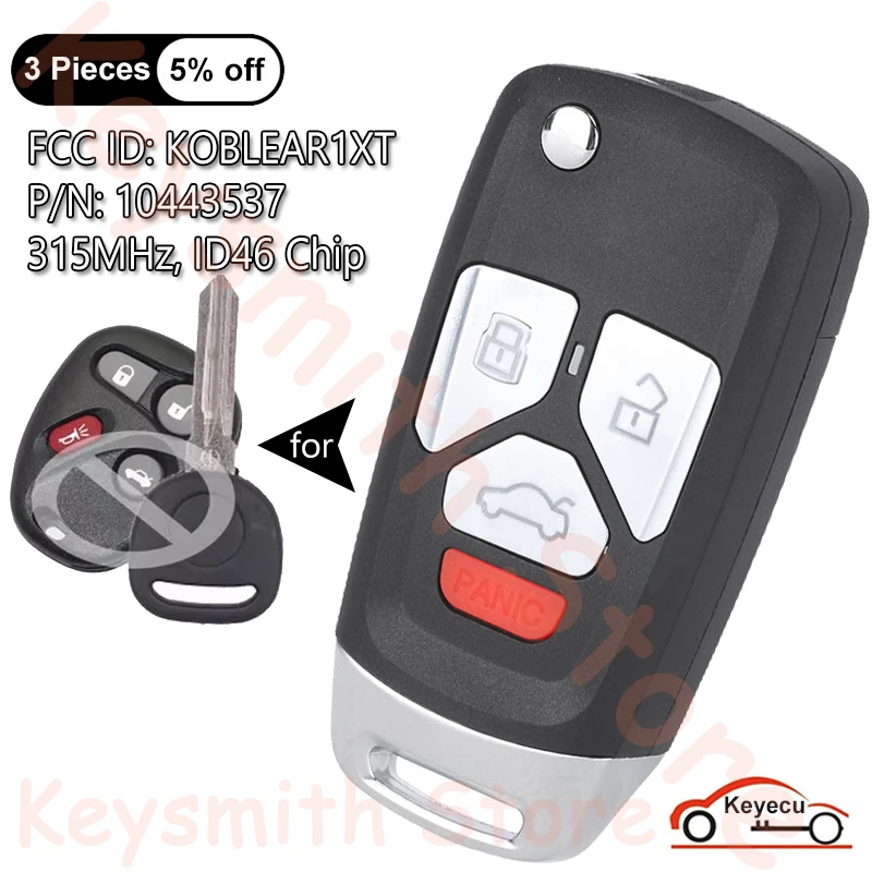 KEYECU 4 Buttons 315MHz ID46 Chip for Chevrolet Silverado Auto Upgraded Flip Remote Key Fob FCC ID: KOBLEAR1XT P/N: 10443537