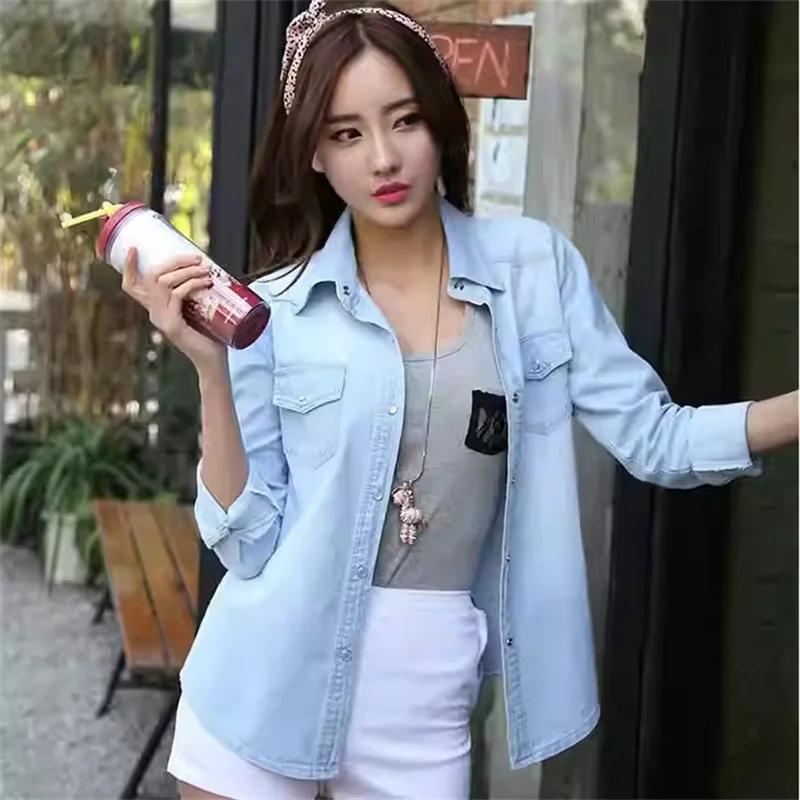 Vrouwen Solid Shirt Cowboy Blauw Katoen Blusas Vrouwelijke Tops Koreaanse Casual Lange Mouw Pocket Vrouwen Denim Shirt Jeans Tops Blouse