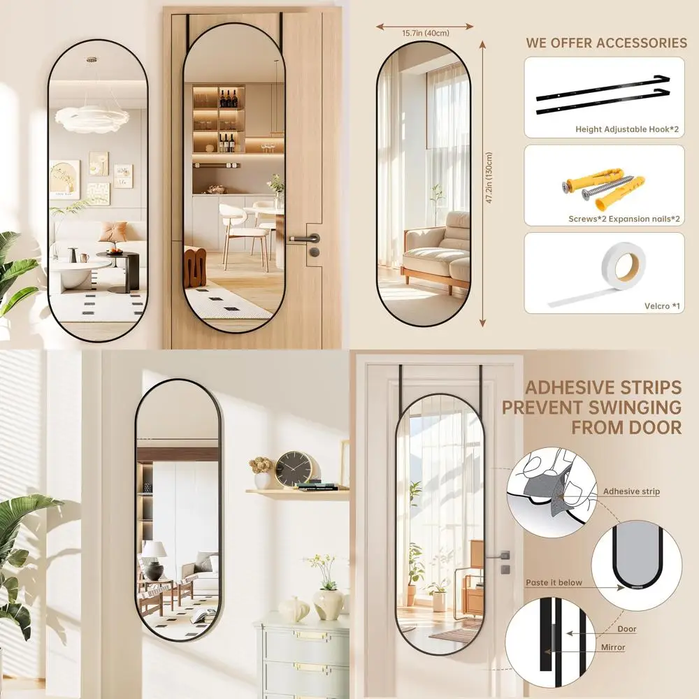 

Arched Tempered Glass Over-The-Door Mirror, 51.1 x 15.7, Black Frame
