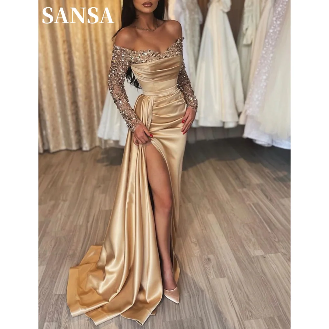 Sansa gaun Prom Satin putri duyung dari bahu terbuka Vestidos De Noche disesuaikan lengan panjang sisi seksi potongan Tinggi malam Formal