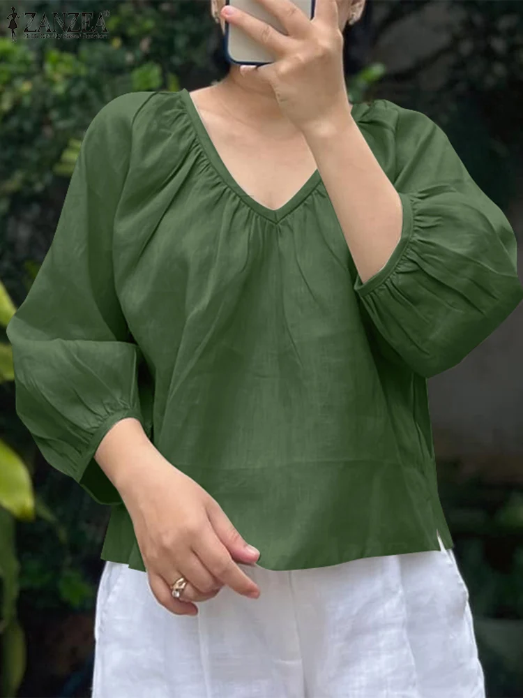 

ZANZEA Casual Loose Blouse 2025 Summer 3/4 Sleeve Shirts Holiday V-neck Korean Tops Women Solid Color Long Puff Sleeve Tunics