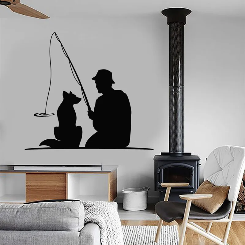 Home Decor Vinyl Sticker Animal Dog Pet Fishing Rod Sticker Vinyl Wall Decal Fisherman Decal Interior Wallpaper 2KN6