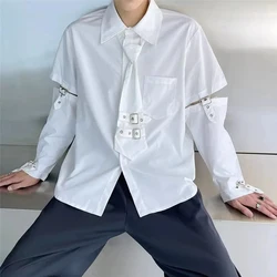 Mens Y2k Spliced Casual Long-Sleeved Shirt 2024 New Genderless Functional Personality Solid Color Loose Hand Strap Top Unisex