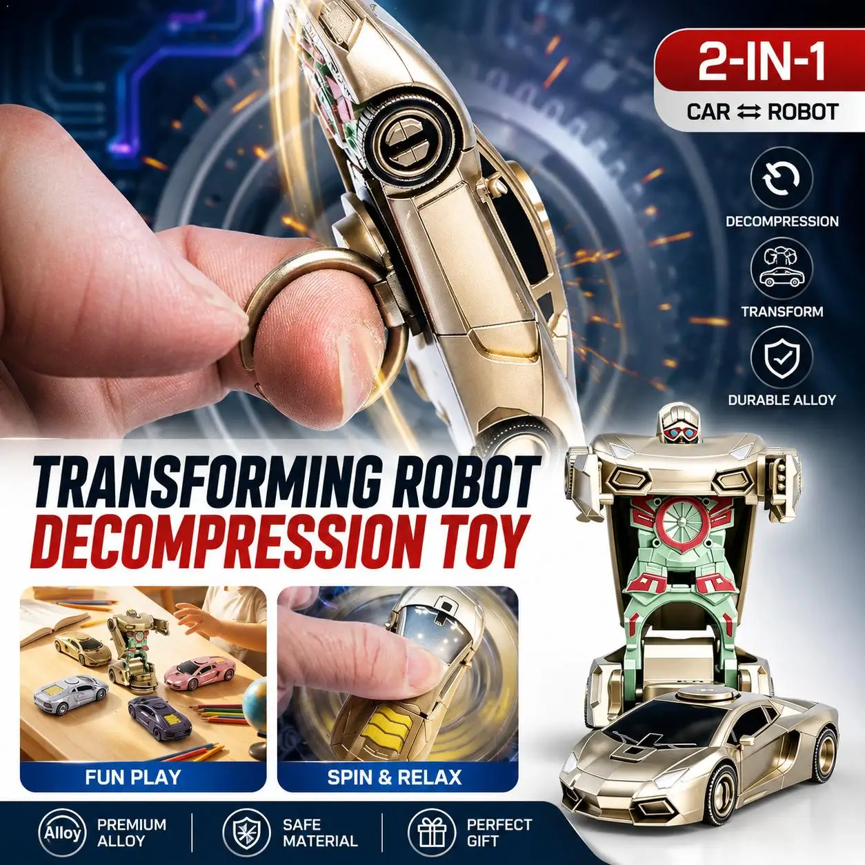 2-in-1 Transformierender Roboter-Auto-Fidget-Spinner, Verwandelbares Fahrzeug, Stressabbau-Spielzeug für Kinder und Erwachsene