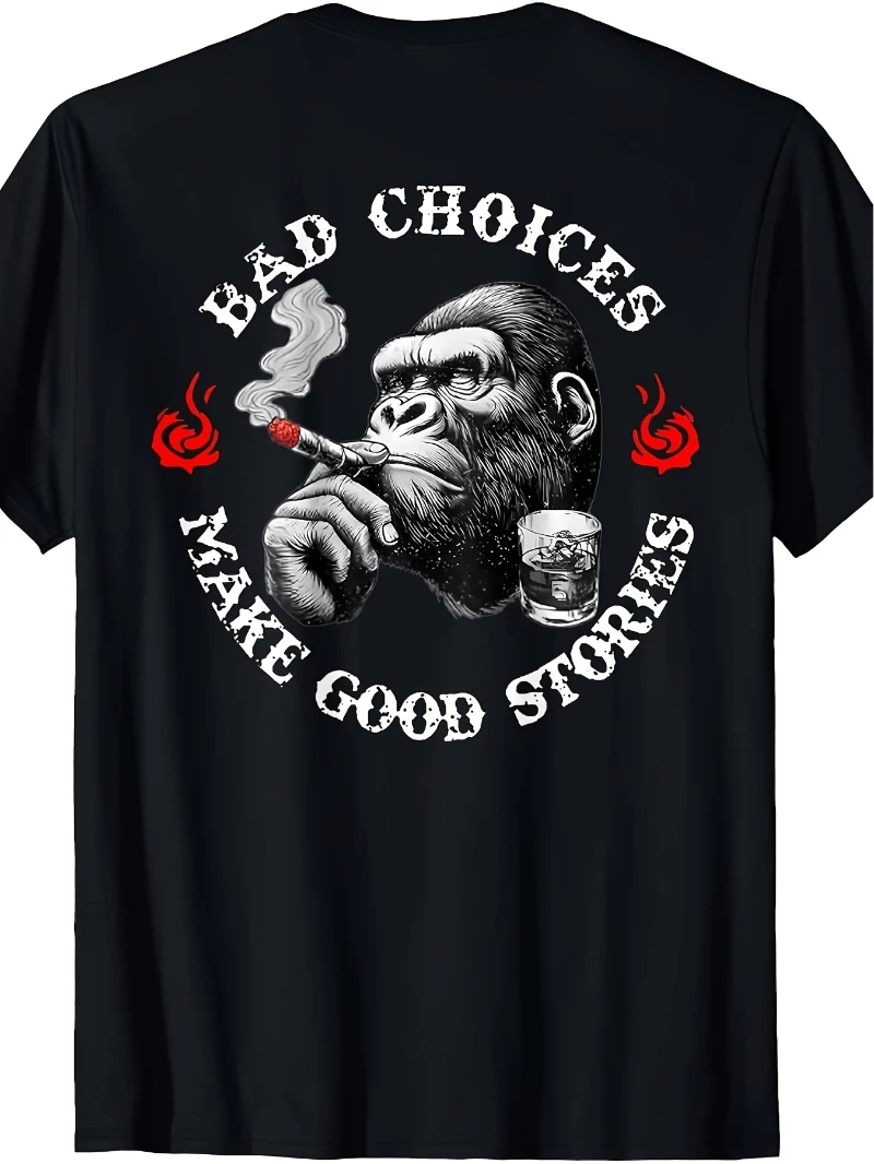 Fun Monkey Back Print T-Shirt, Retro Bad Choices Make Good Stories Slogan, Monkey Back Pattern Crew Neck Casual Short Sleeve