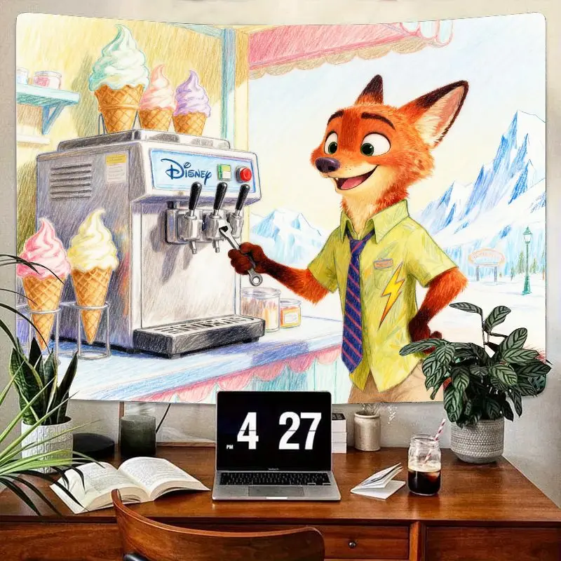 

1 шт., гобелен с мороженым Disney Zootopia Nick Wilde, настенное искусство с изображением кавайной лисы, полиэстеровый декор для гостиной, спальни, общежития, Gi