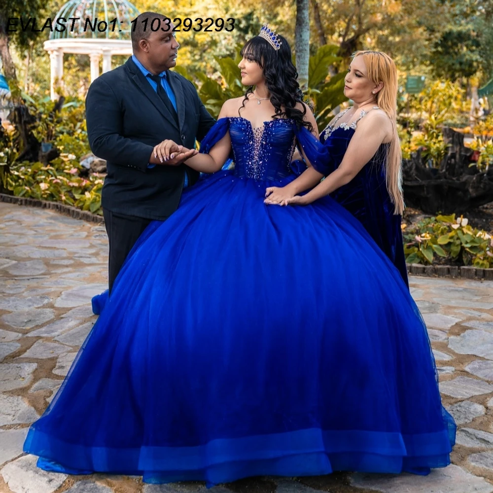 EVLAST personalizado mexicano 2026 vestido para quinceañeras azul real vestido De baile apliques con cuentas arco dulce 16 Vestidos De 15 Anos E1QN479