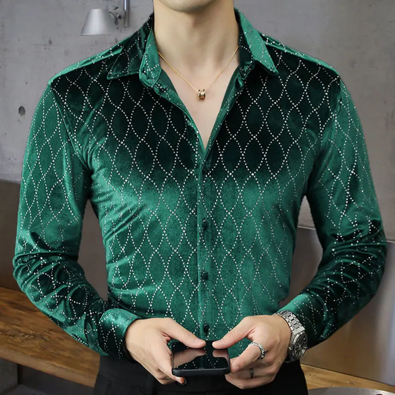 2023 Fall British Men Gold Velvet Hollow Long Sleeve Shirt Slim Shirt Dark Green Camisa Social Masculina Men Dress Shirt