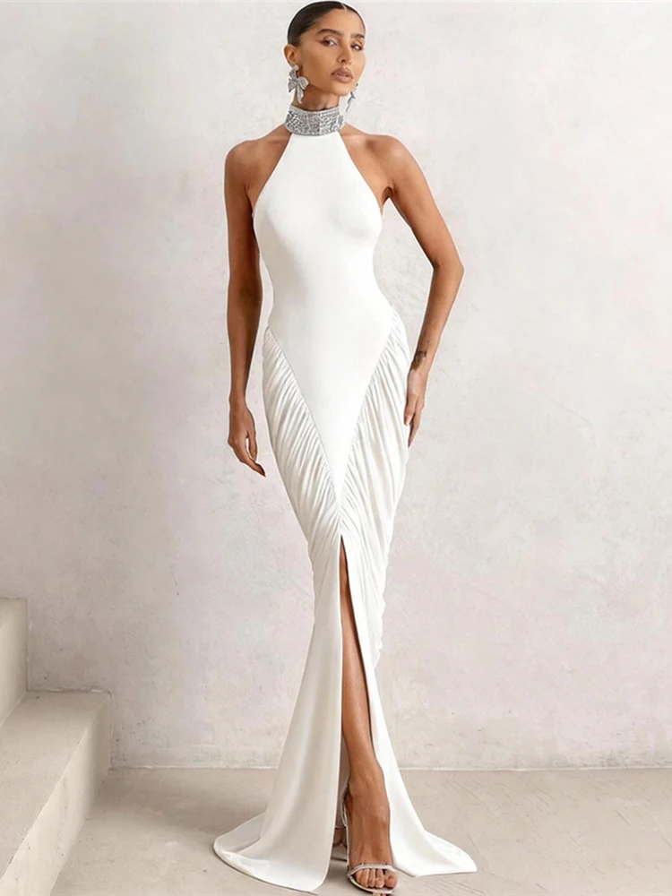 Kilou froncé élégant Robe longue femme bouton rayure licou col roulé dos nu sans manches Robe de bal fête maigre robes