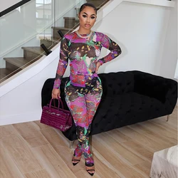 BUILDINGB Print Mesh Two Piece Set Women Sexy O-Neck Long Sleeve Crop Tops And High Waist Pencil Pants Matching 2024 Y2K Street