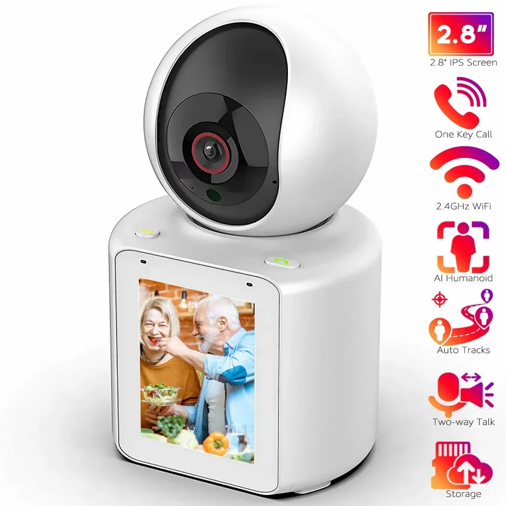 Video Calling Smart Wifi Camera with 2.8 Inch IPS Screen FHD 1080P One-Key Call IP Camera Two-way Video Talk Wireless PTZ Camera