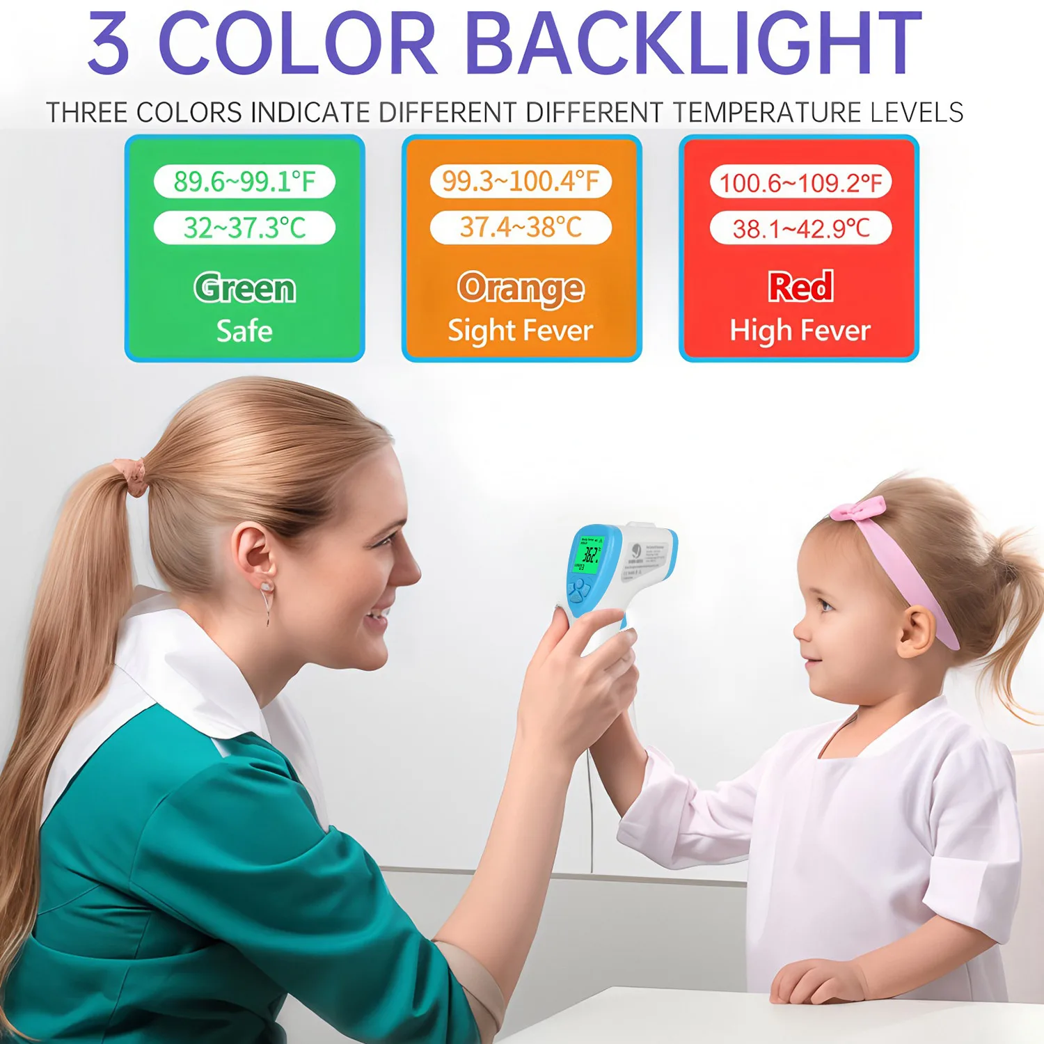 Multifunction thermometer three-color backlit display forehead thermometer digital display infrared alarm human body thermomete