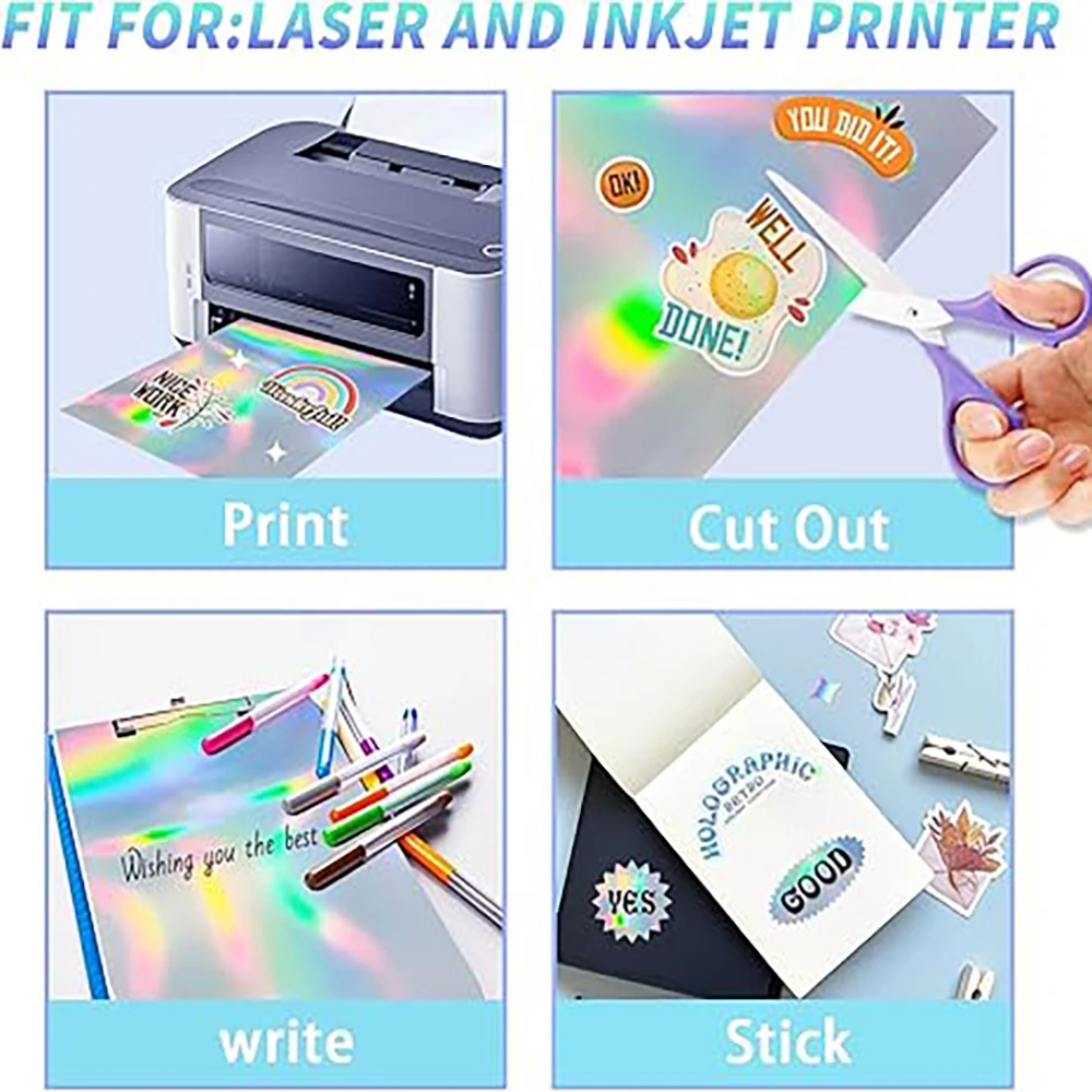 A4 20 PCS Rainbow Holographic Printable Sticker Paper for Ink jet & Laser Printer Vinyl Sticker Printable Paper 8.3x11.7 Inch