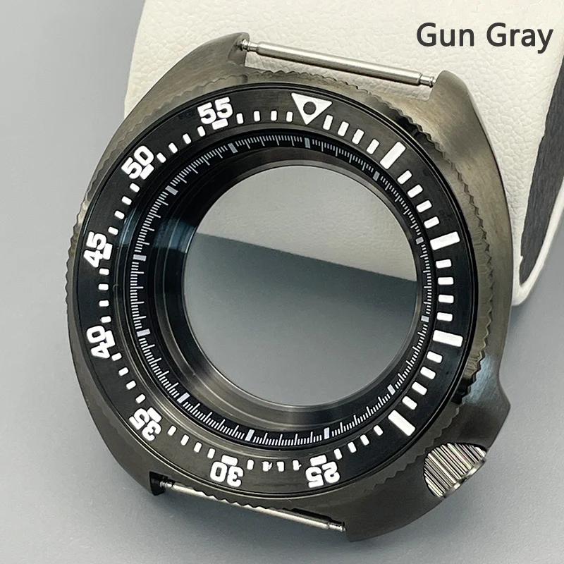 44mm-6105-6309-タートルズウォッチケース-ガンメタルカラー-スチールベゼル-nh35-nh36-7s26-4rムーブメント対応-防水ダイビング-41クラウン-ウォッチケース