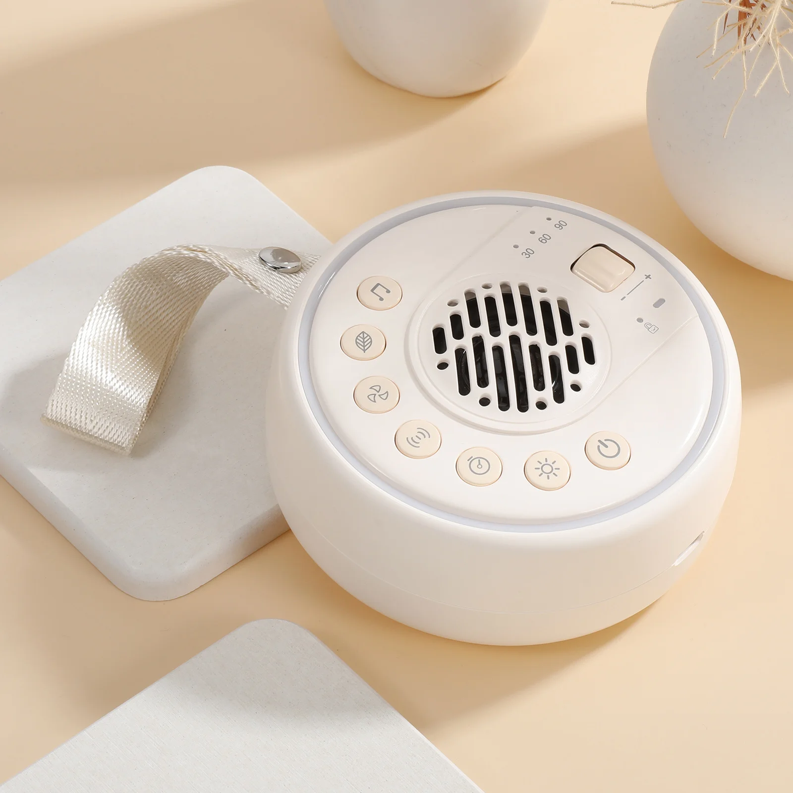 

Beige Portable White Noise Machine for and Adult Sleep Travel Essential with Wireless Connectivity and Custom Timer