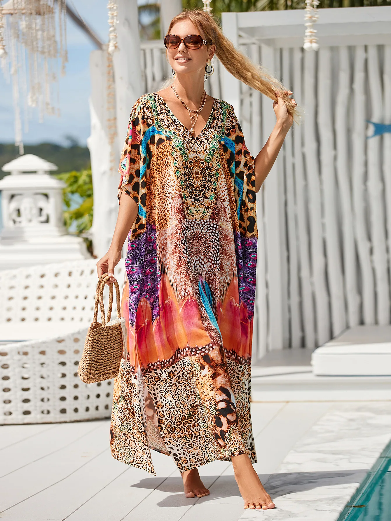 Boho V-Ausschnitt Bikini Vertuschungen Sommer Herbst lose Kaftan Kleid Frauen plus Größe Beach wear Badeanzug vertuschen