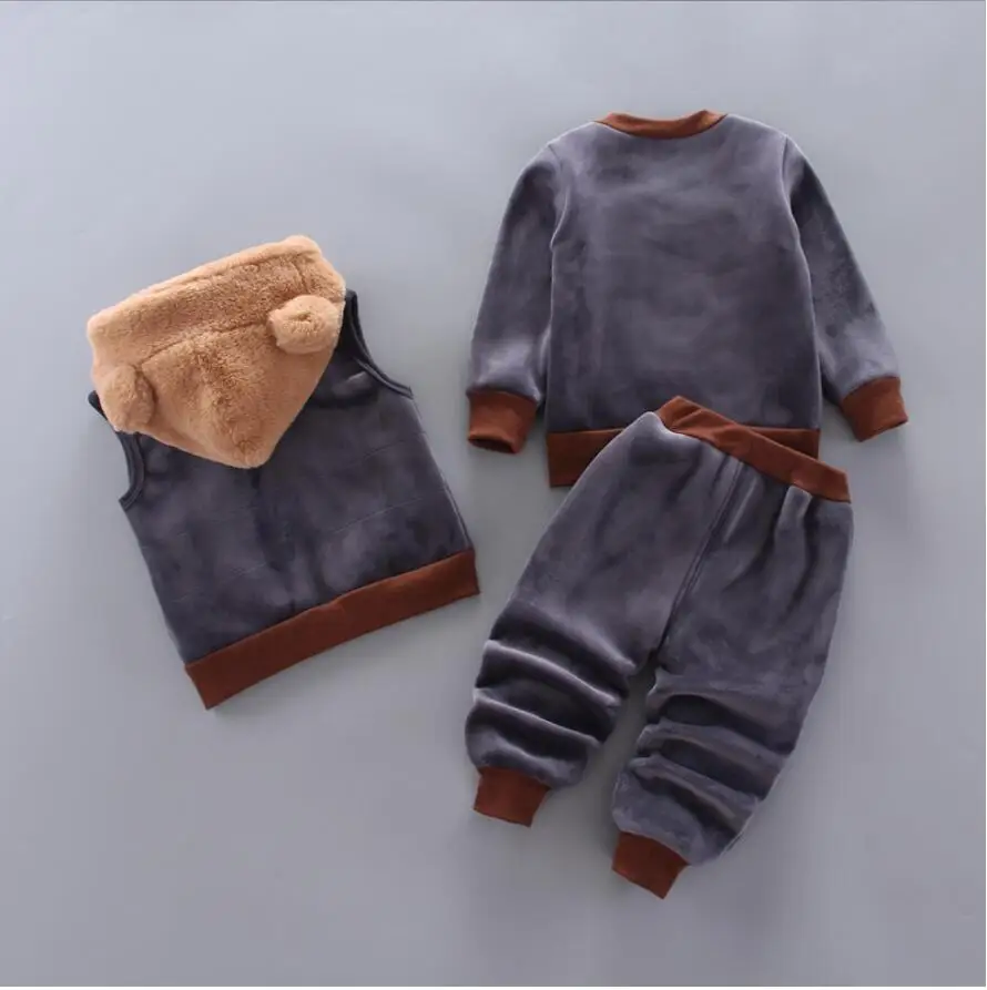 Children Cotton Clothes Set Autumn Winter Thicken Fleece Hoodies Sweater Pants Vest 3pcs Outfits Boys Suits Girls Warm Outerwear