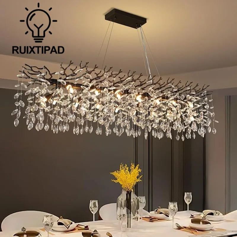 

Black Branch Rectangular Raindrop Chandelier Living Room G9 Base Modern Tri Color Light Hanging Pendant Light Indoor Decor Lamp